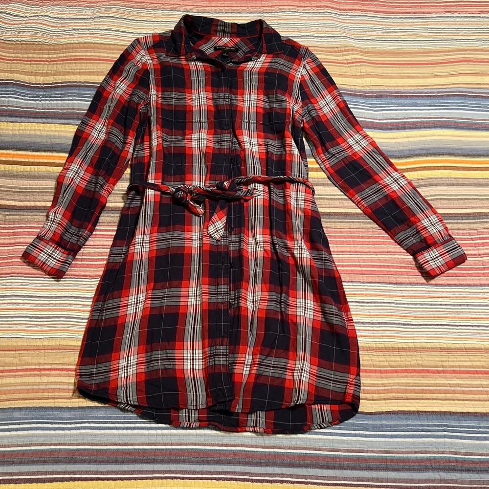 Banana Republic Red Navy Plaid Long Sleeve Belted Shirtdress Size 6